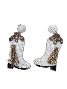 Beaded Cowboy Boot Drop Earrings White Gold Pink Star Western Bachelorette OS